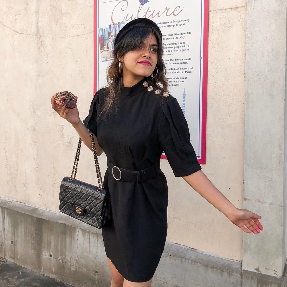Black Mini Dress with Gold Accents